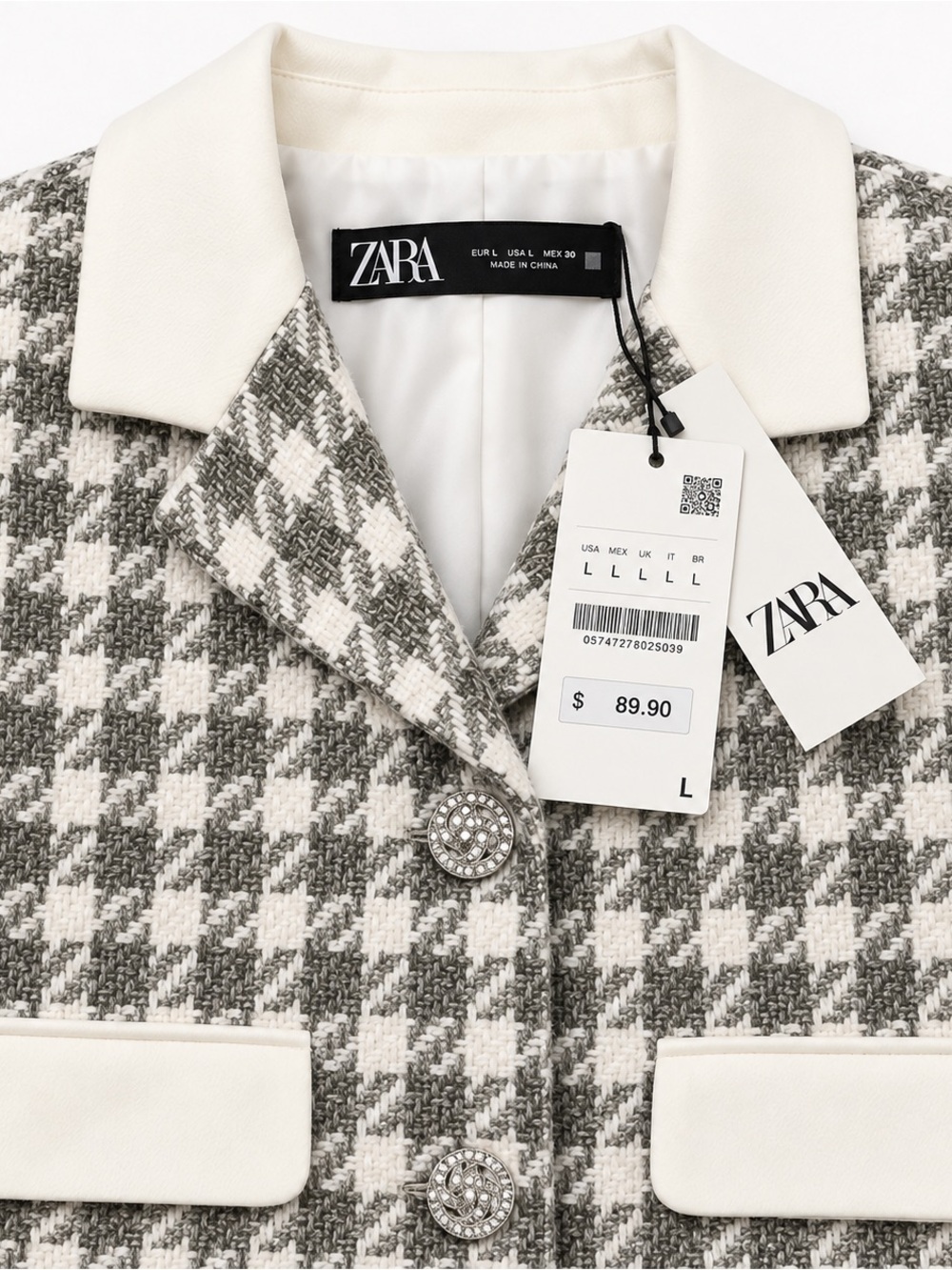 Zara Houndstooth Cropped Jacket Gray White Size L NWT